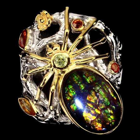 Artist created, stamped 925 Jewelry - Unique Genuine Ammolite and Sapphire Ring